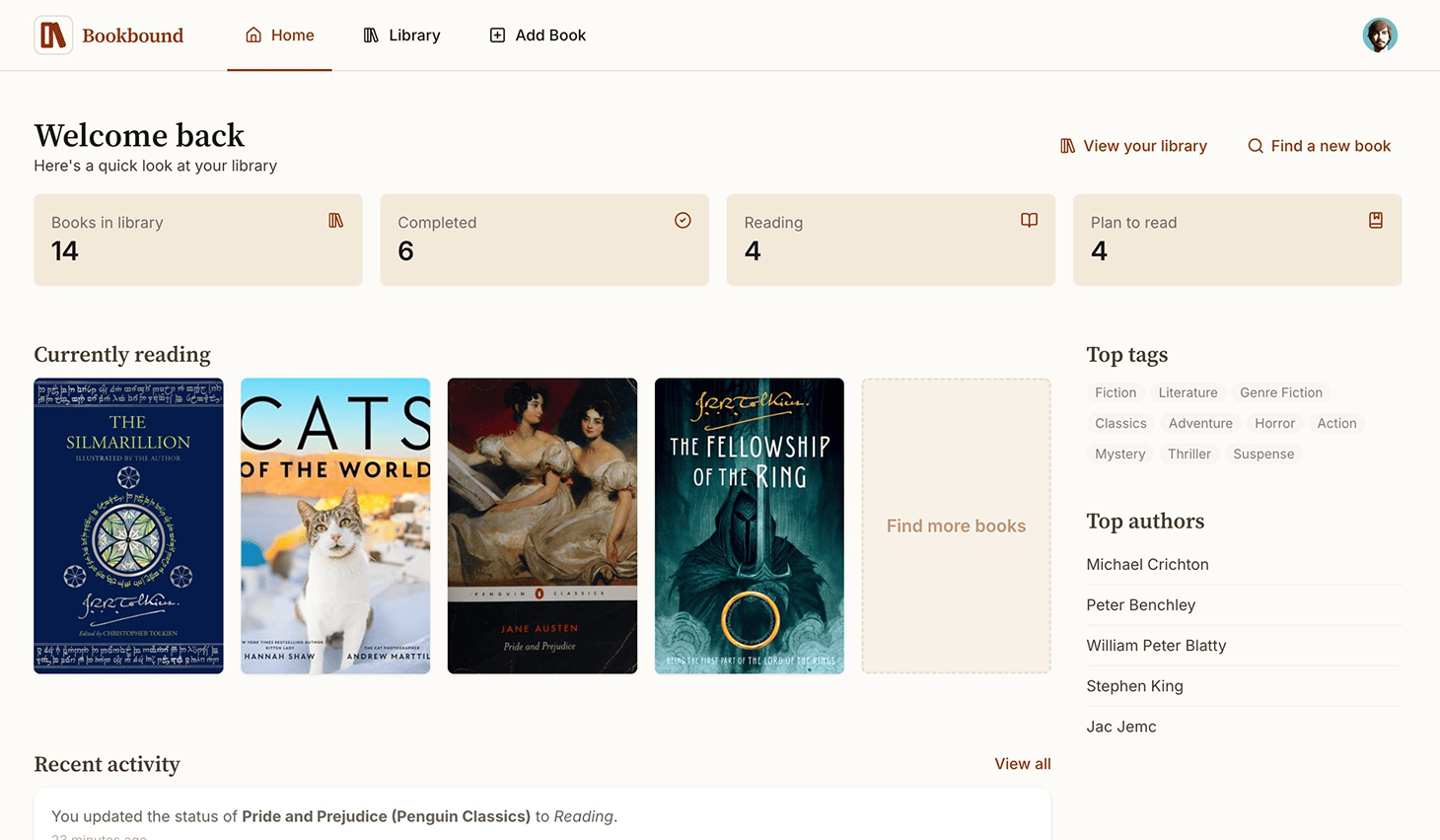 Bookbound dashboard showing stats and recent activity