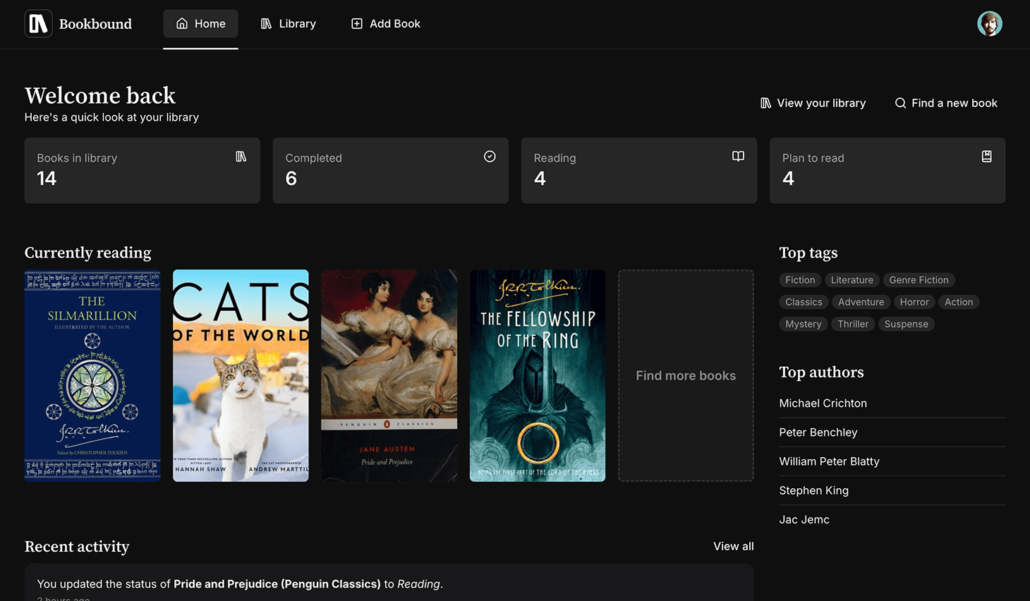 Bookbound dashboard showing stats and recent activity