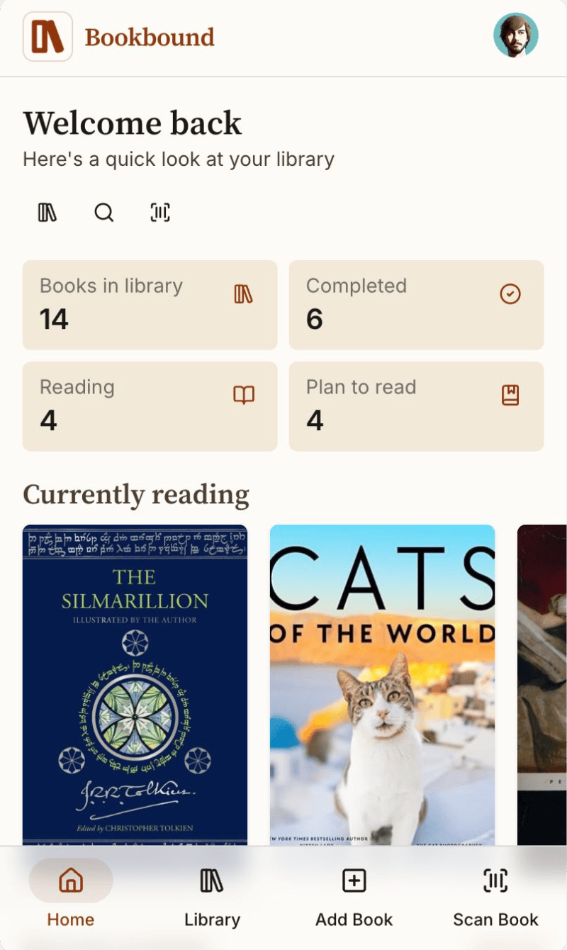 Bookbound dashboard showing stats and recent activity