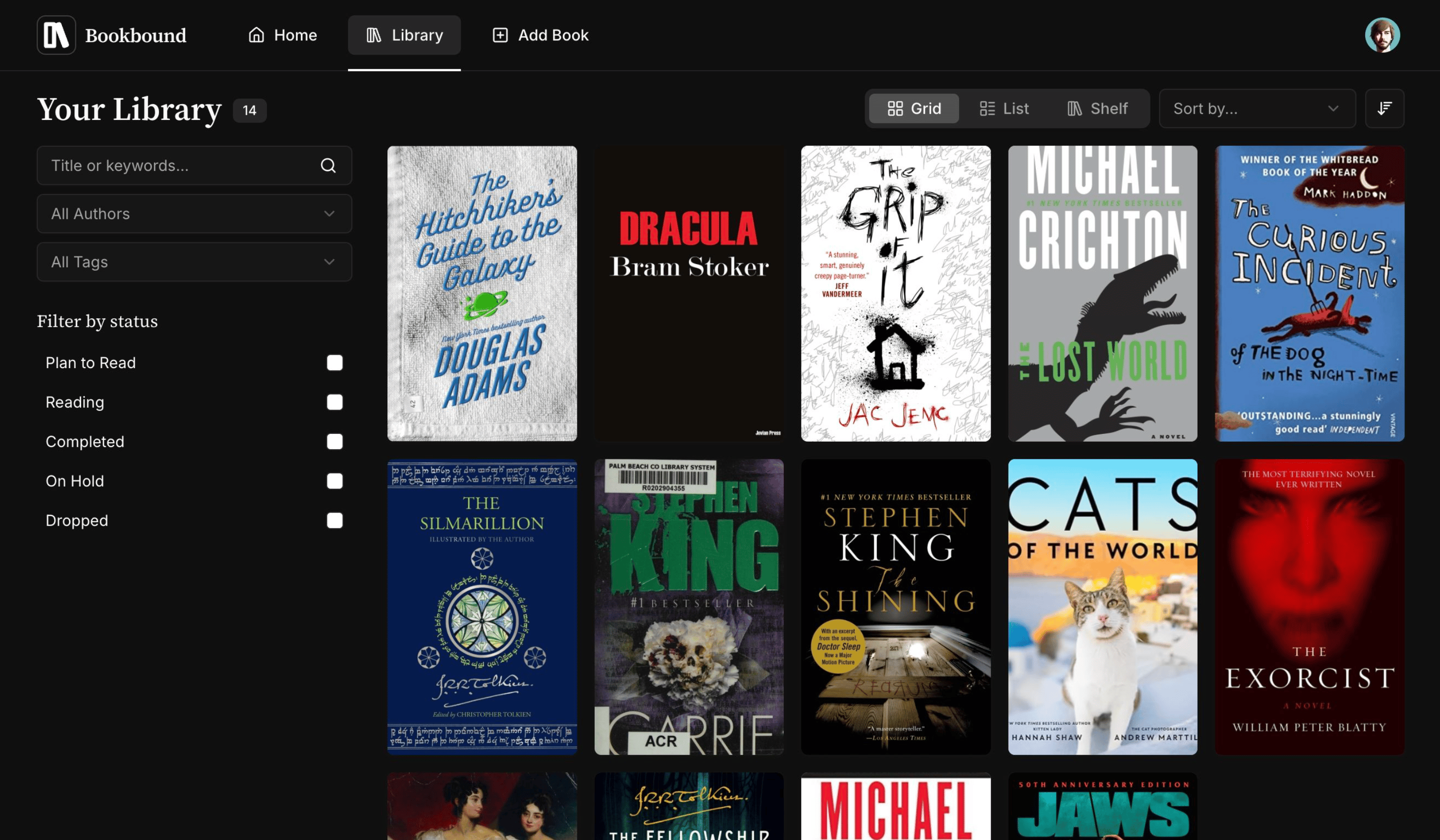 Library view with grid of books
