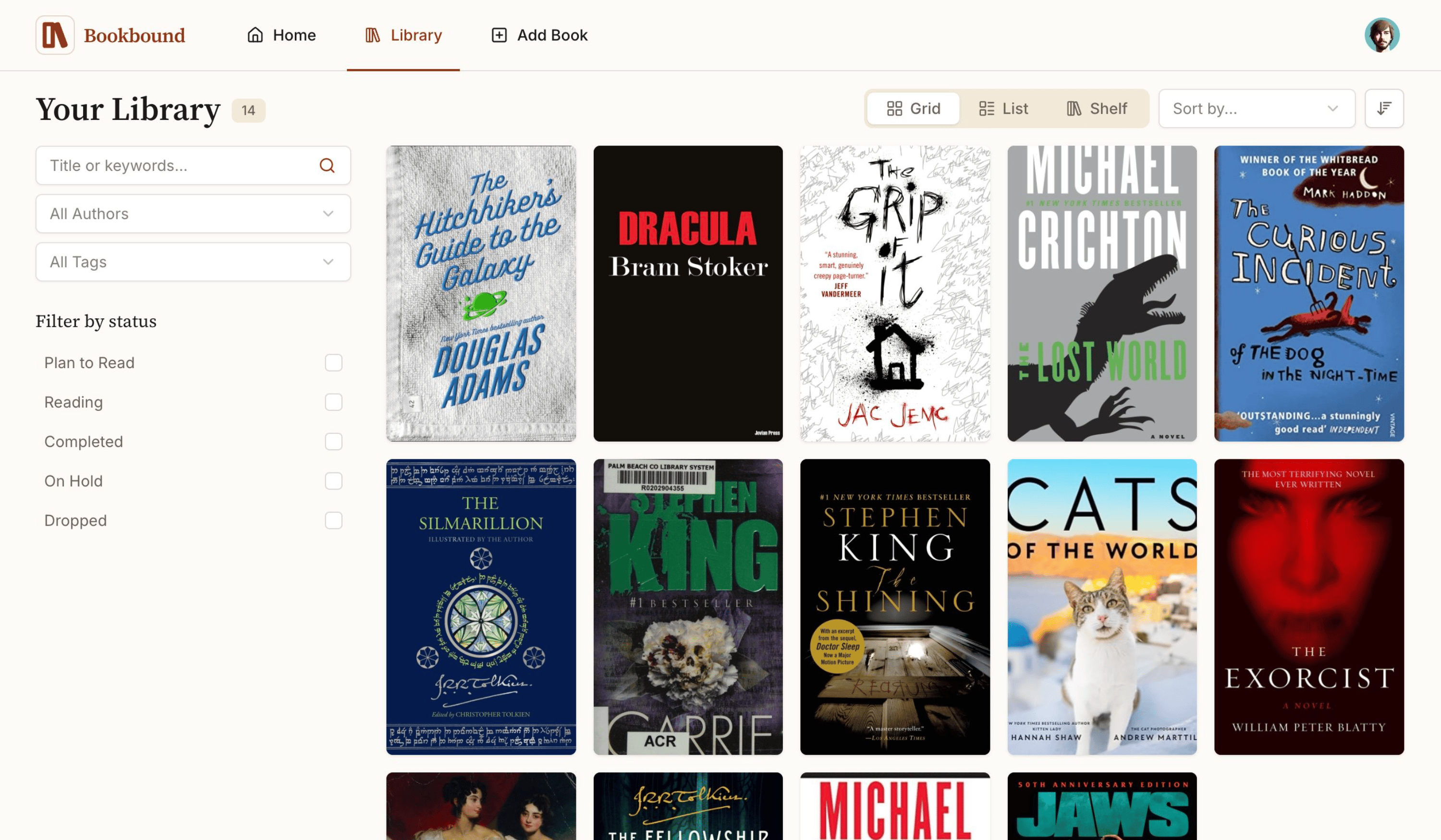 Library view with grid of books