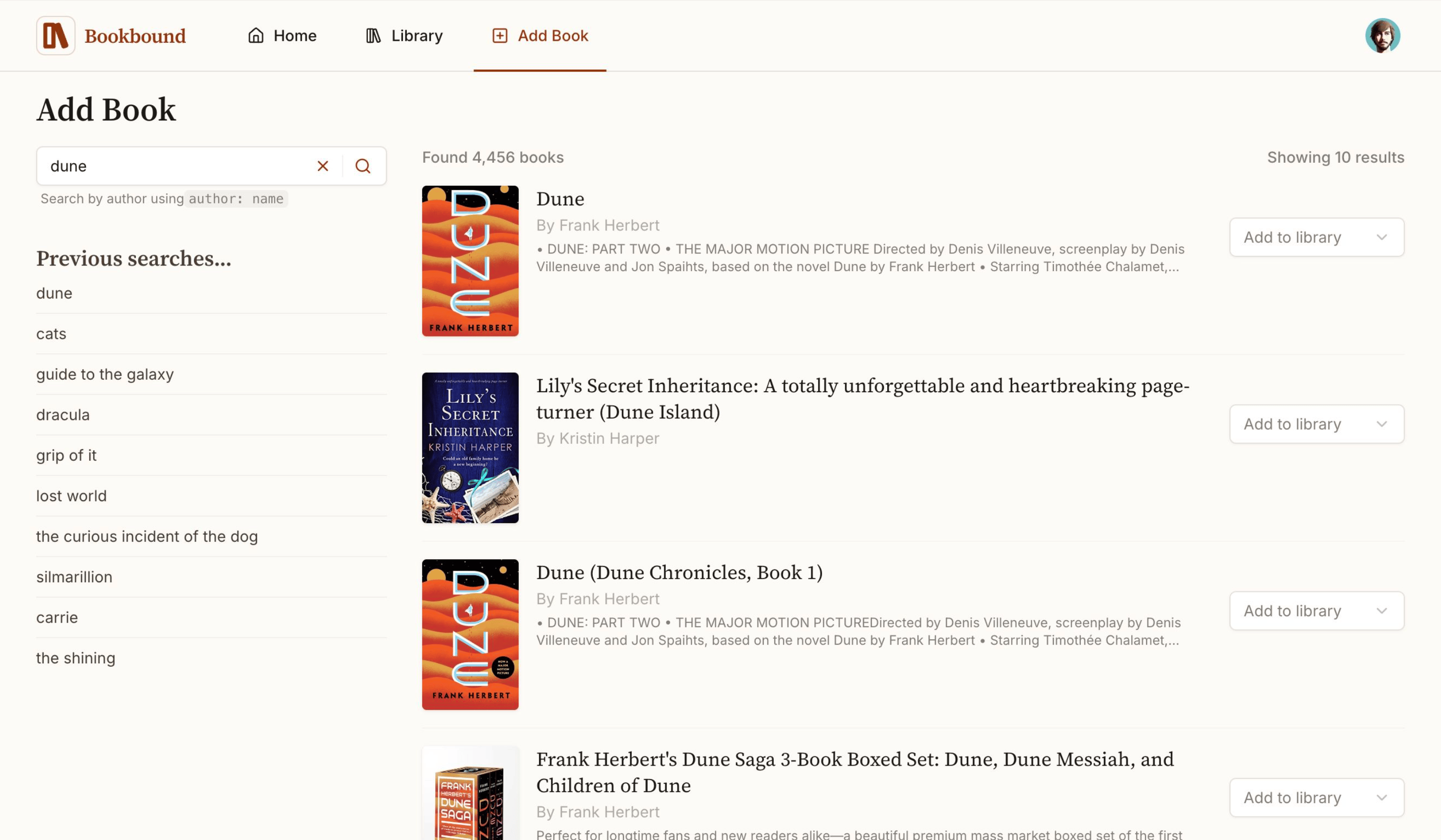 Book search and filter interface