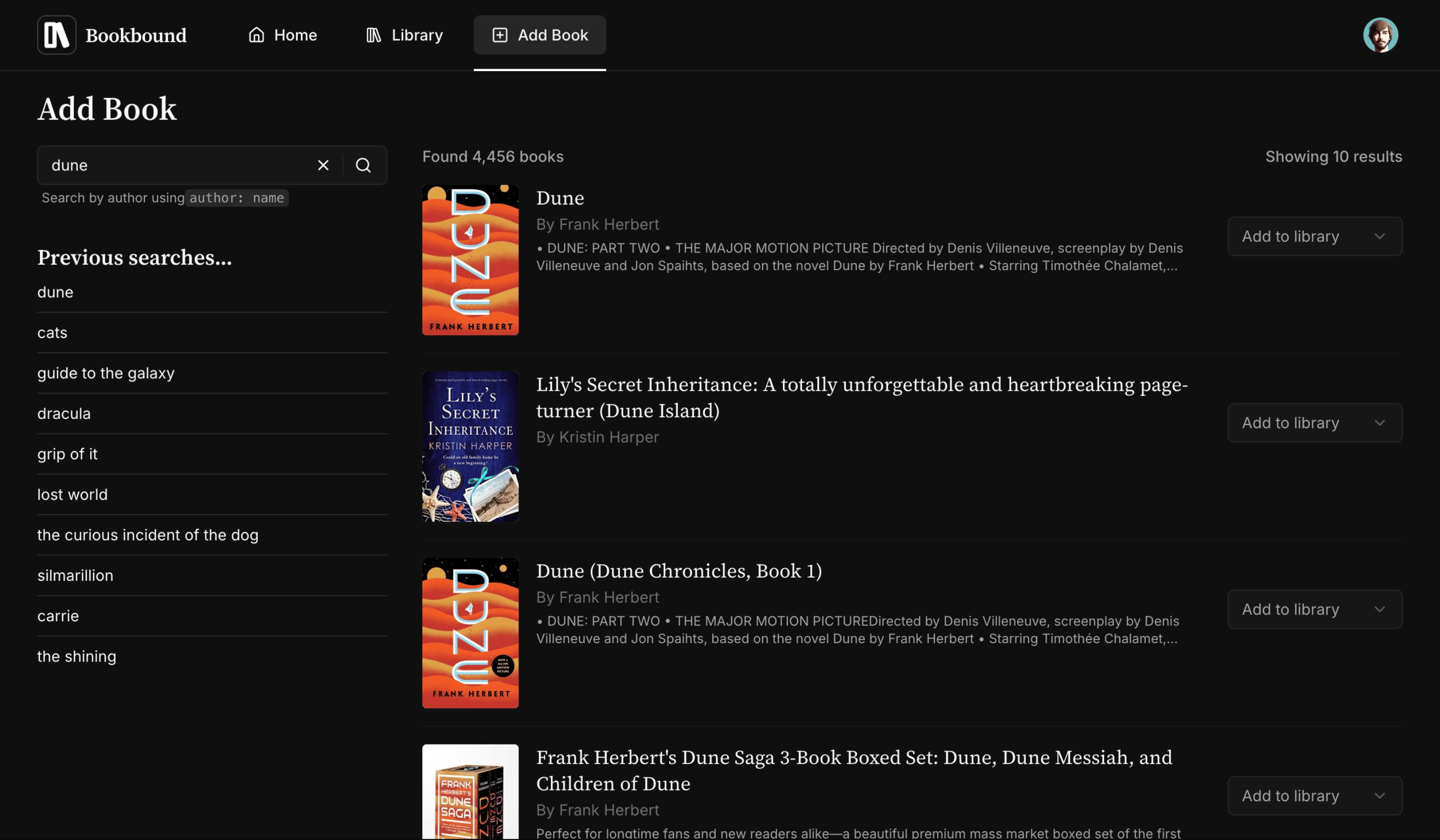 Book search and filter interface