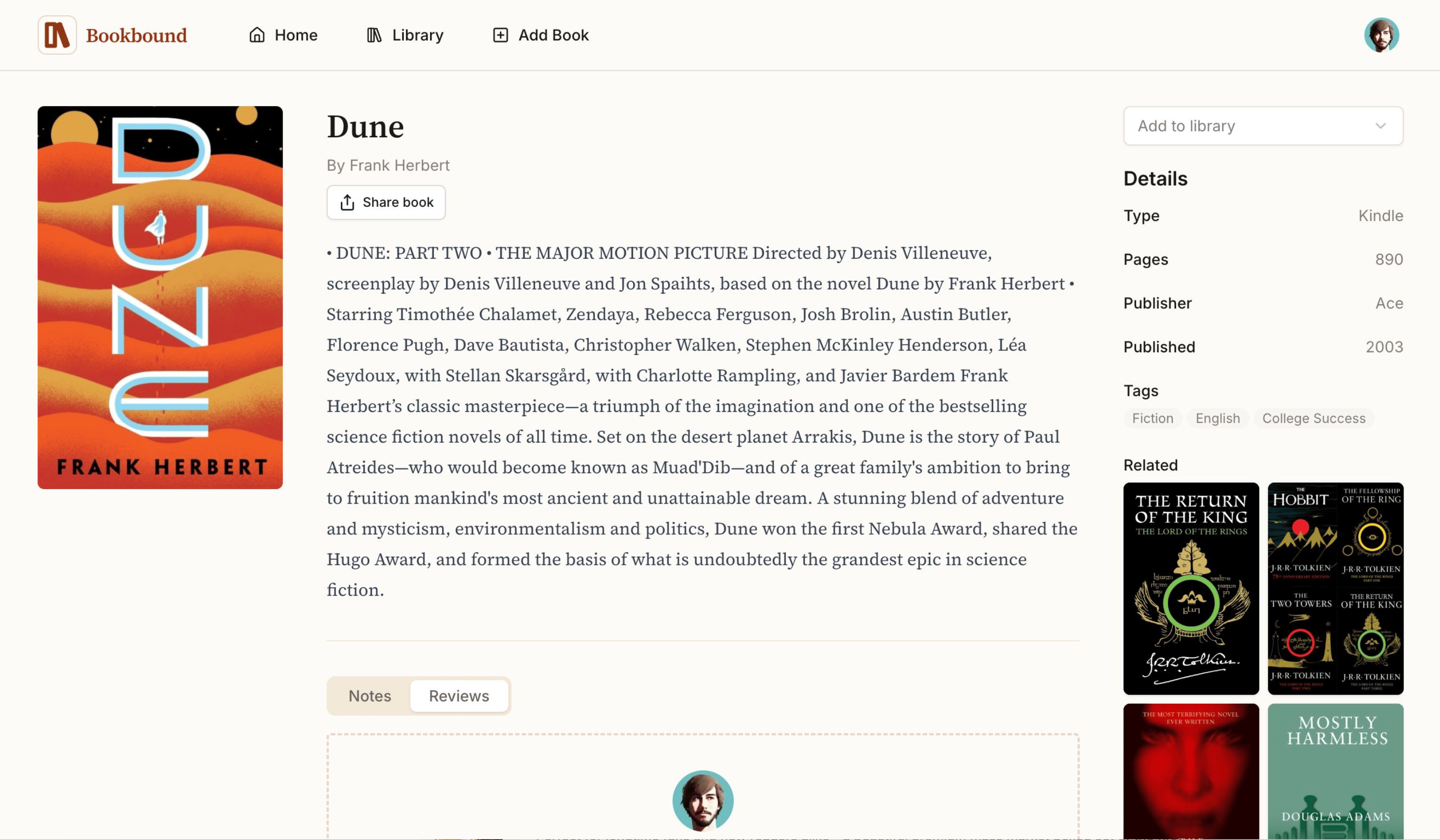 Single book details with reviews and notes